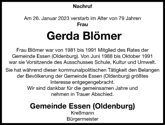 Anzeige von Gerda Blömer von OM-Medien