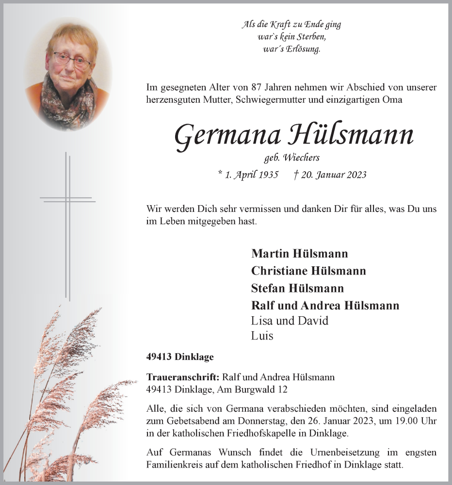  Traueranzeige für Germana Hülsmann vom 23.01.2023 aus OM-Medien