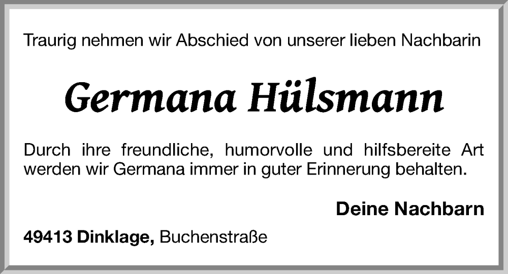  Traueranzeige für Germana Hülsmann vom 26.01.2023 aus OM-Medien