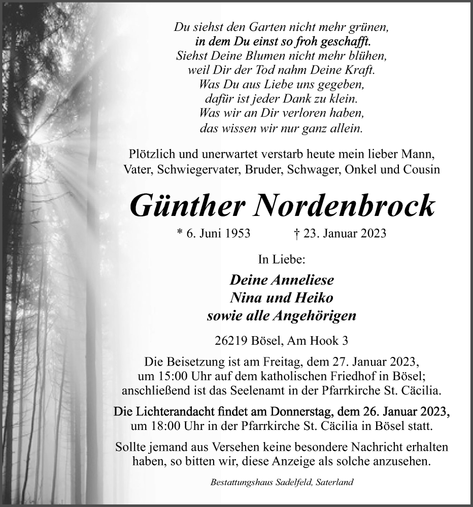  Traueranzeige für Günther Nordenbrock vom 25.01.2023 aus OM-Medien