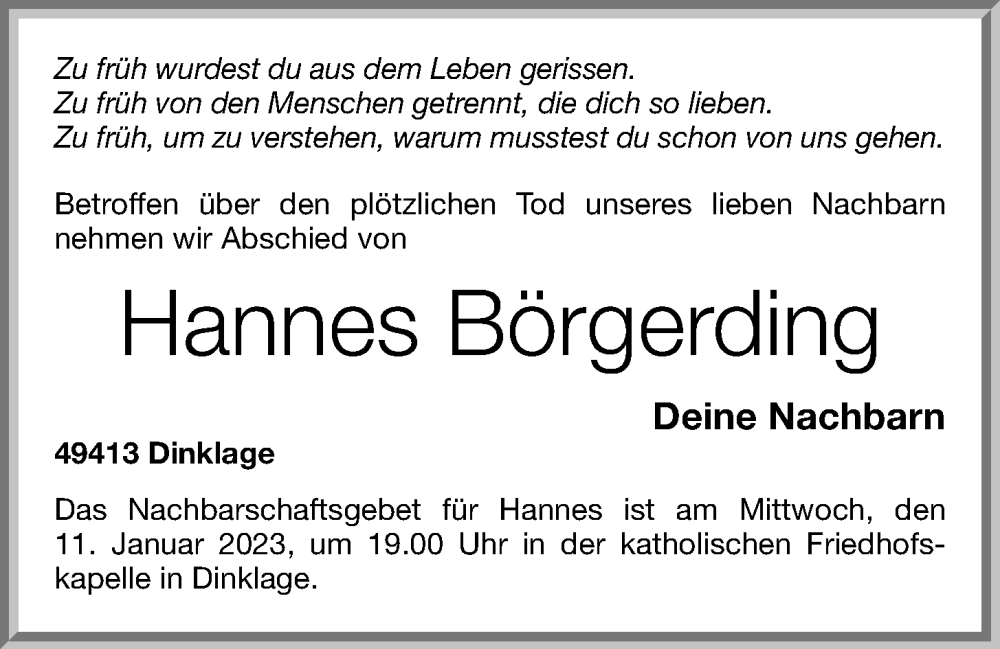  Traueranzeige für Hannes Börgerding vom 10.01.2023 aus OM-Medien