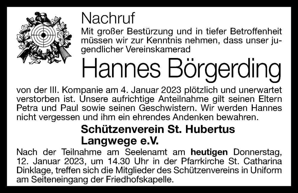  Traueranzeige für Hannes Börgerding vom 12.01.2023 aus OM-Medien