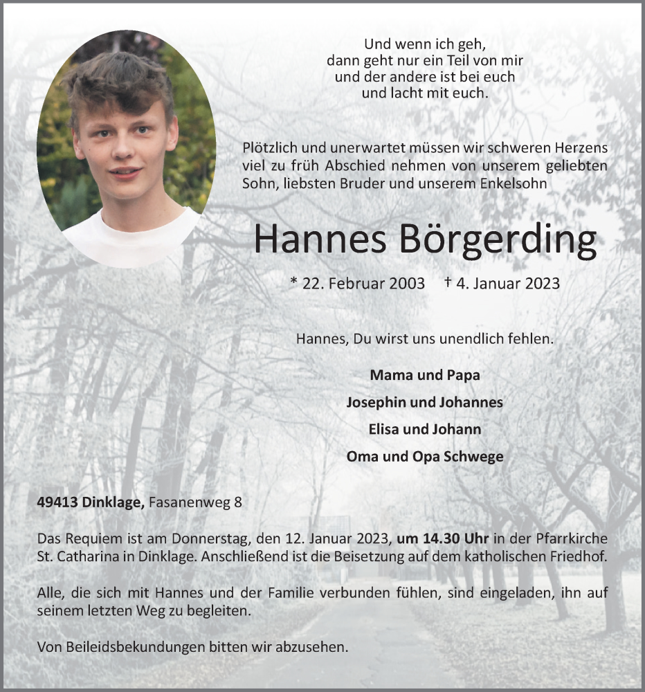 Traueranzeige für Hannes Börgerding vom 07.01.2023 aus OM-Medien