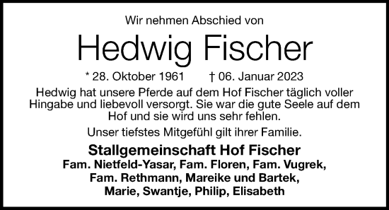 Anzeige von Hedwig Fischer von OM-Medien