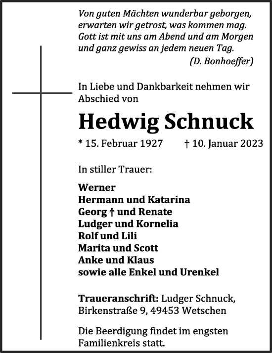 Anzeige von Hedwig Schnuck von OM-Medien