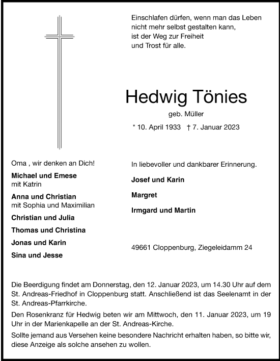Anzeige von Hedwig Tönies von OM-Medien