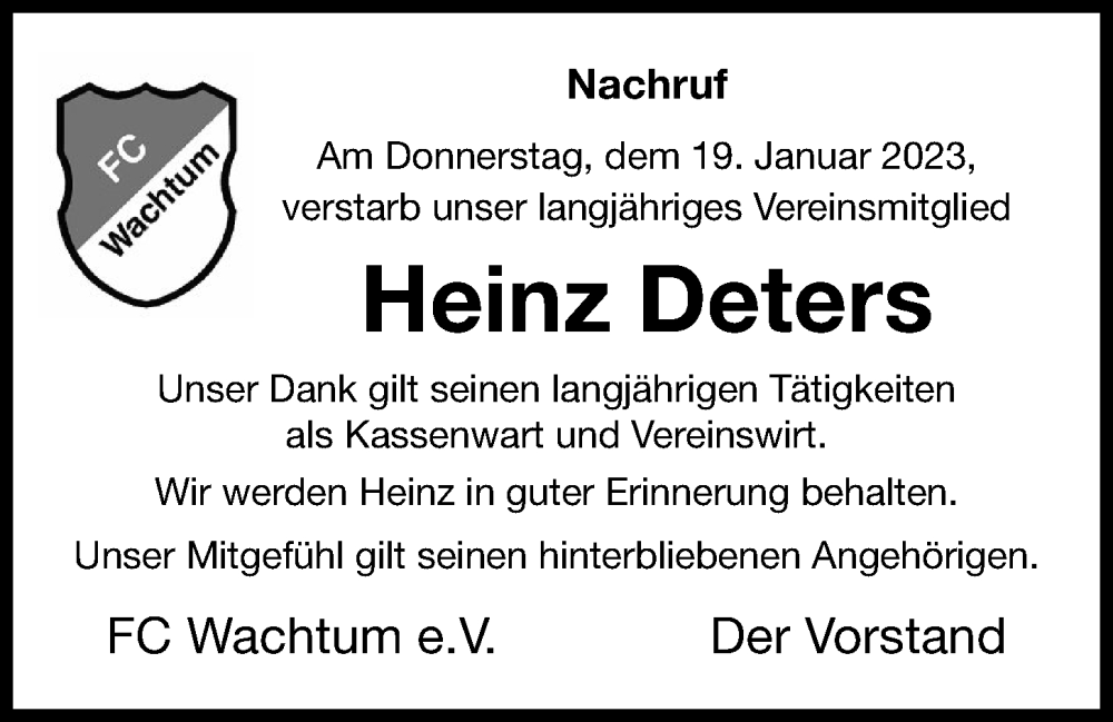  Traueranzeige für Heinz Deters vom 25.01.2023 aus OM-Medien