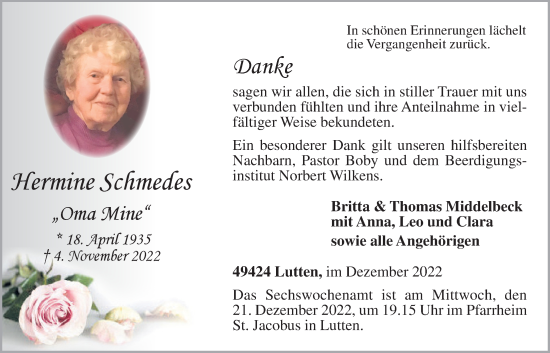 Anzeige von Hermine Schmedes von OM-Medien