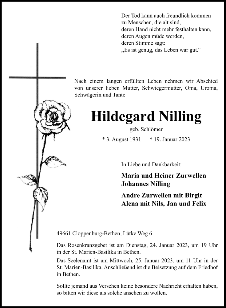  Traueranzeige für Hildegard Nilling vom 21.01.2023 aus OM-Medien