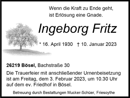 Anzeige von Ingeborg Fritz von OM-Medien