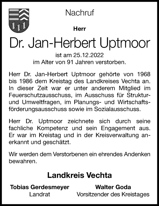 Anzeige von Jan-Herbert Uptmoor von OM-Medien