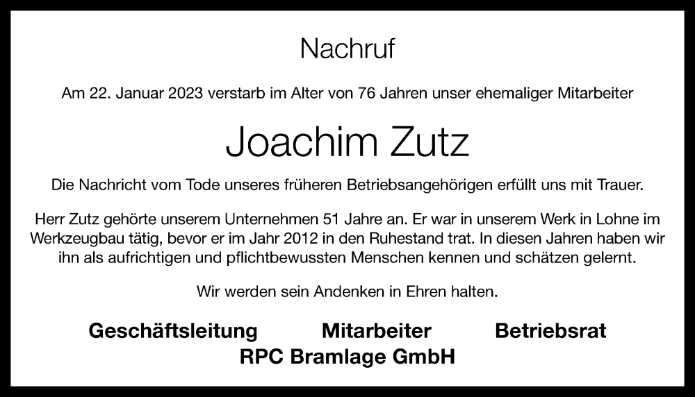  Traueranzeige für Joachim Zutz vom 25.01.2023 aus OM-Medien