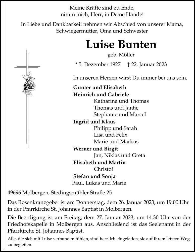  Traueranzeige für Luise Bunten vom 24.01.2023 aus OM-Medien