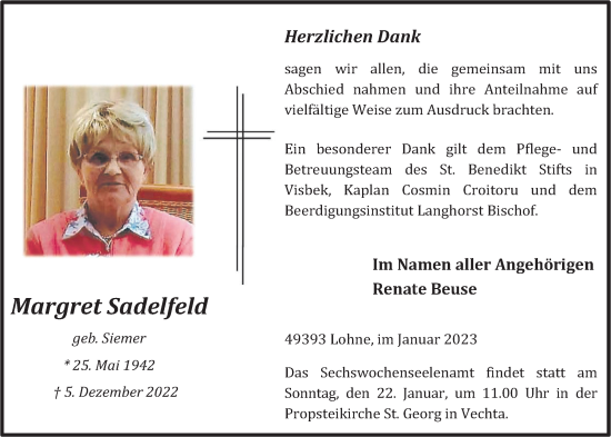 Anzeige von Margret Sadelfeld von OM-Medien