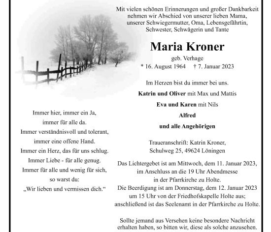 Anzeige von Maria Kroner von OM-Medien