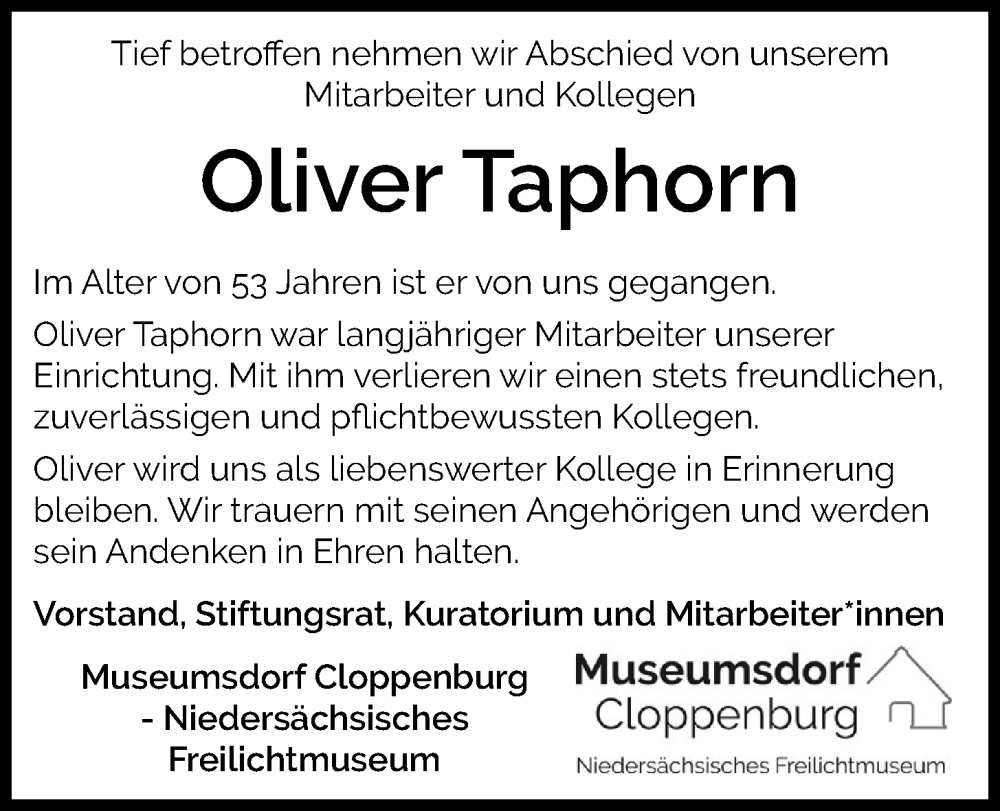  Traueranzeige für Oliver Taphorn vom 26.01.2023 aus OM-Medien