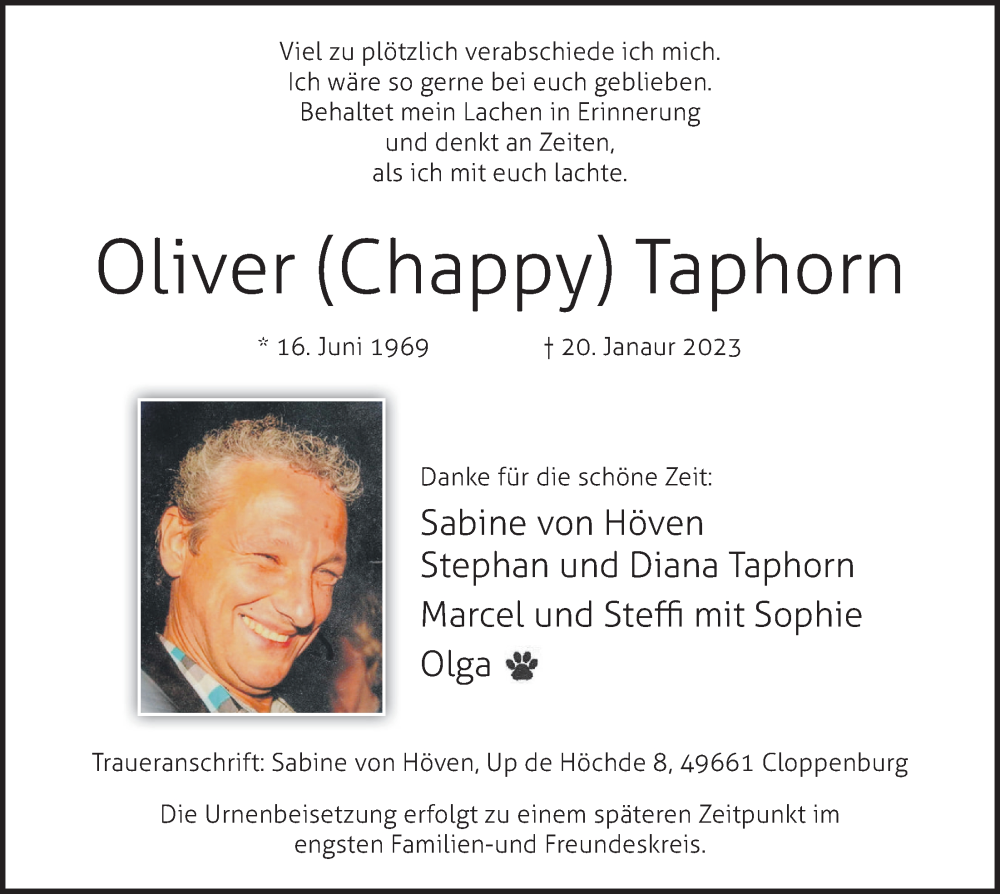  Traueranzeige für Oliver Taphorn vom 25.01.2023 aus OM-Medien
