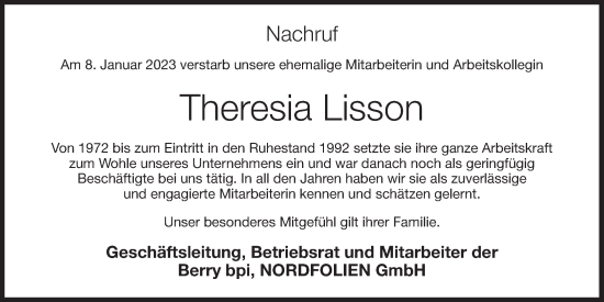 Anzeige von Theresia Lisson von OM-Medien