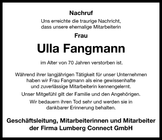 Anzeige von Ulla Fangmann von OM-Medien