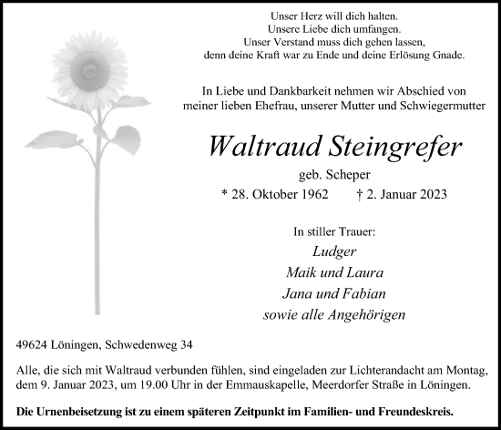 Anzeige von Waltraud Steingrefer von OM-Medien