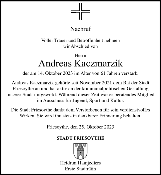 Anzeige von Andreas Kaczmarzik von OM-Medien