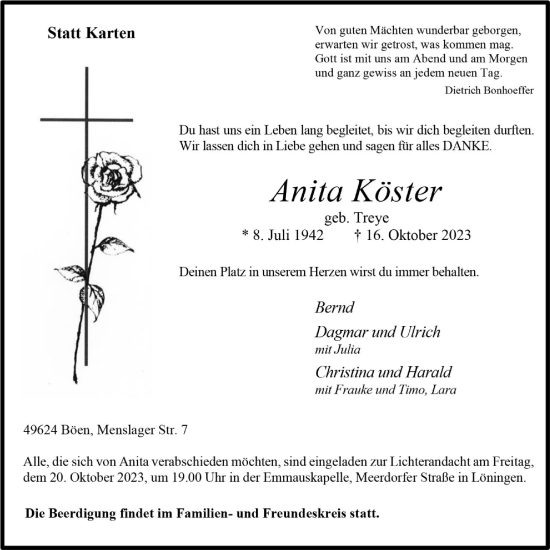 Anzeige von Anita Köster von OM-Medien