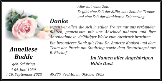 Anzeige von Anneliese Budde von OM-Medien