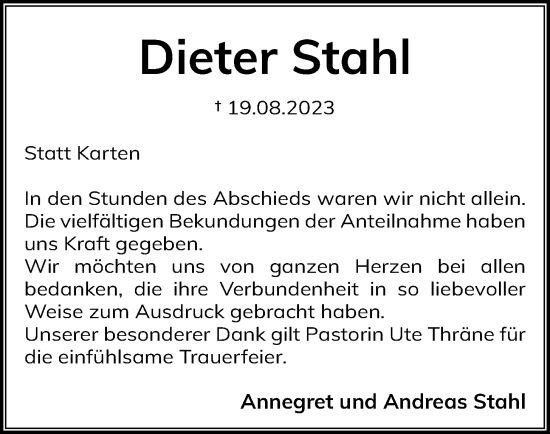 Anzeige von Dieter Stahl von OM-Medien