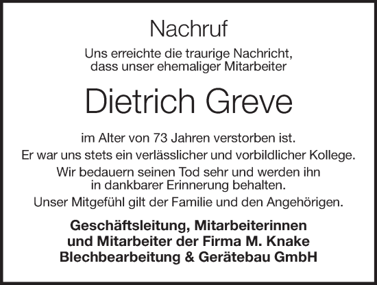 Anzeige von Dietrich Greve von OM-Medien