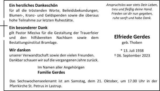 Anzeige von Elfriede Gerdes von OM-Medien