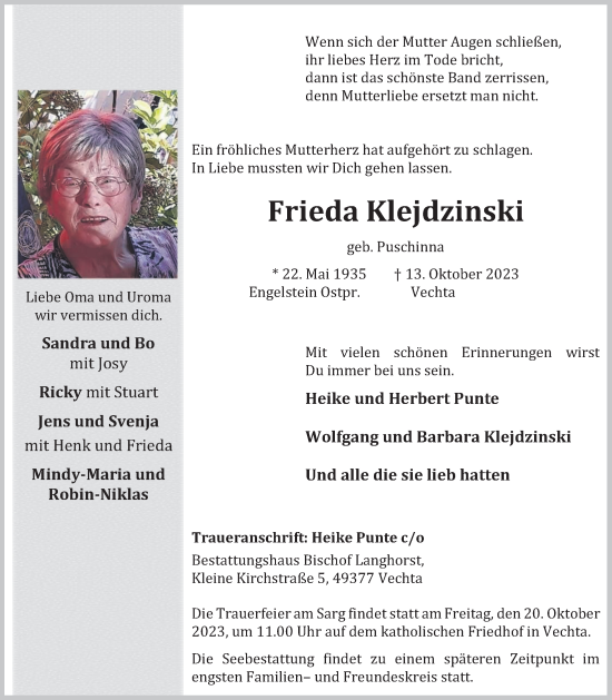 Anzeige von Frieda Klejdzinski von OM-Medien