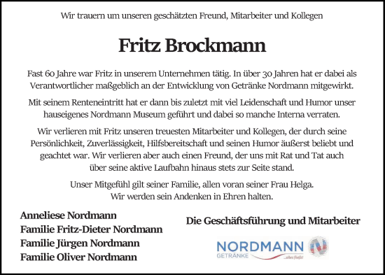 Anzeige von Fritz Brockmann von OM-Medien