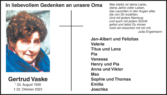 Anzeige von Gertrud Vaske von OM-Medien