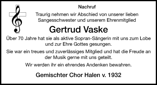 Anzeige von Gertrud Vaske von OM-Medien