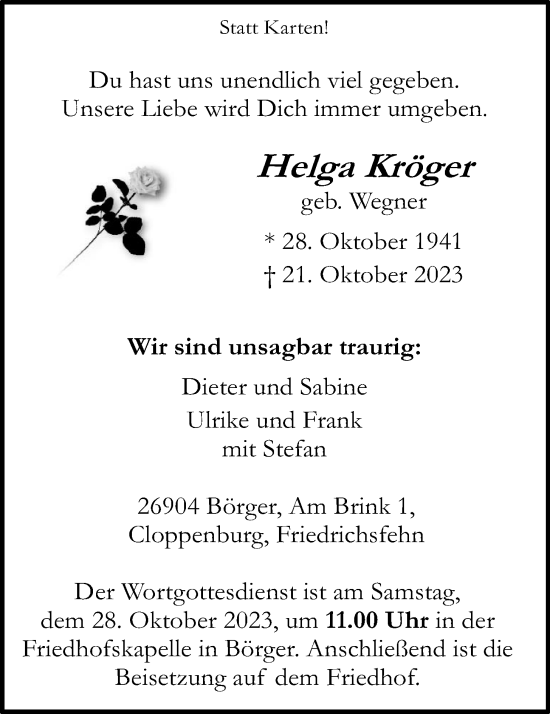 Anzeige von Helga Kröger von OM-Medien