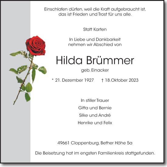 Anzeige von Hilda Brümmer von OM-Medien