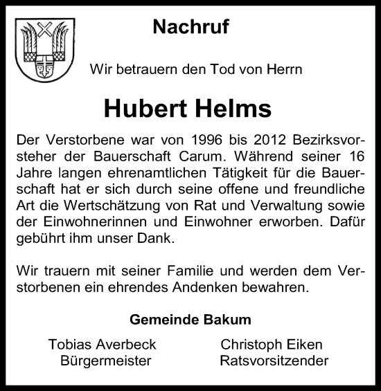 Anzeige von Hubert Helms von OM-Medien