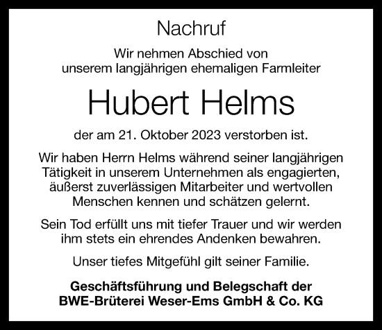 Anzeige von Hubert Helms von OM-Medien