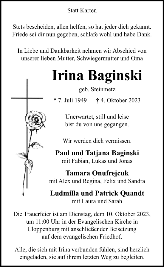 Anzeige von Irina Baginski von OM-Medien