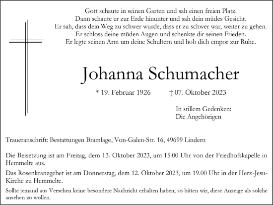 Anzeige von Johanna Schumacher von OM-Medien