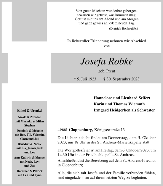 Anzeige von Josefa Robke von OM-Medien