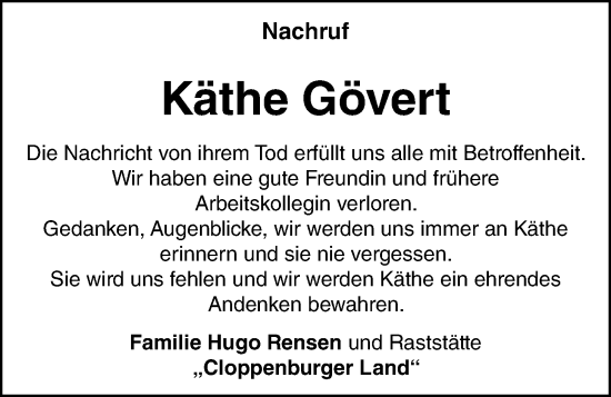 Anzeige von Käthe Gövert von OM-Medien