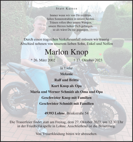 Anzeige von Marlon Knop von OM-Medien