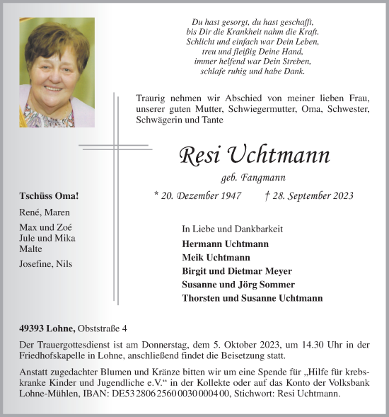 Anzeige von Resi Uchtmann von OM-Medien