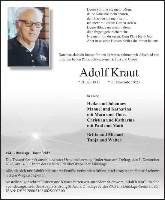 Anzeige von Adolf Kraut von OM-Medien
