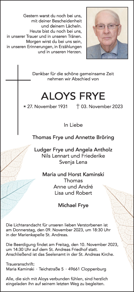 Anzeige von Aloys Frye von OM-Medien