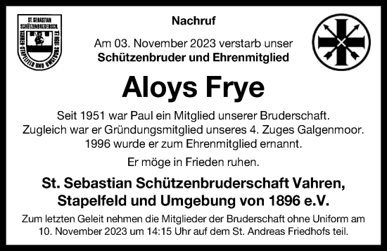 Anzeige von Aloys Frye von OM-Medien
