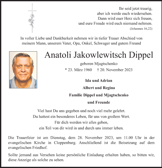 Anzeige von Anatoli Jakowlewitsch Dippel von OM-Medien
