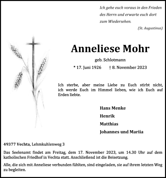 Anzeige von Anneliese Mohr von OM-Medien