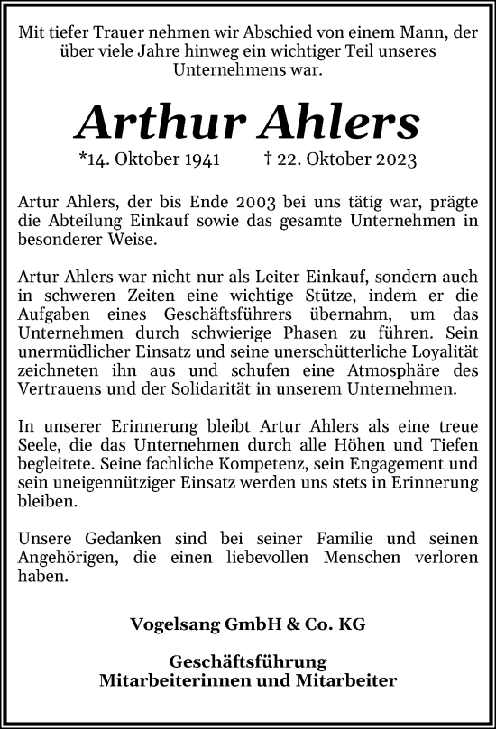 Anzeige von Arthur Ahlers von OM-Medien